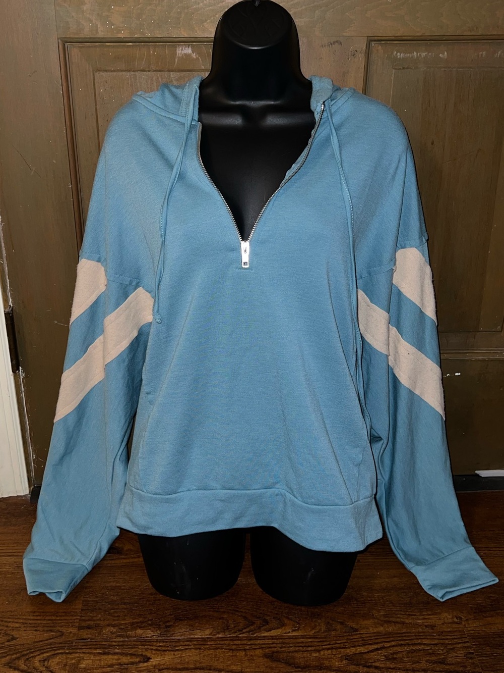 BiBi Blue Teal Half Zip Hooded Pullover Cream Contrast Sleeve Sweatshirt Size M